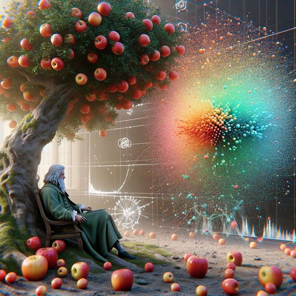 the discovery of gravity, particle simulation, Octane render